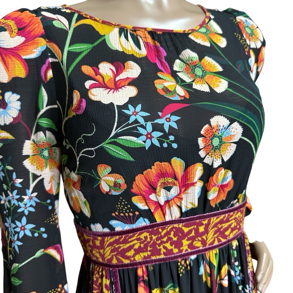 Anthropologie Adair Vibrant Floral Velvet-Trimmed Midi Dress Flounce Ruffle - Picture 5 of 12